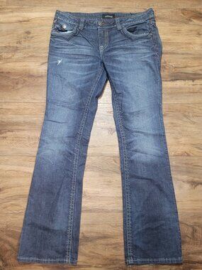 MEK Denim  Jeans Women's Size 31x34 Dark Wash Button Flap Stretch Boot Cut